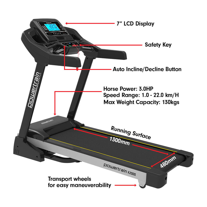 🏃 Tapis de Course Powertrain K2000 | 22 km/h • Ventilateur &amp; Inclinaison Auto